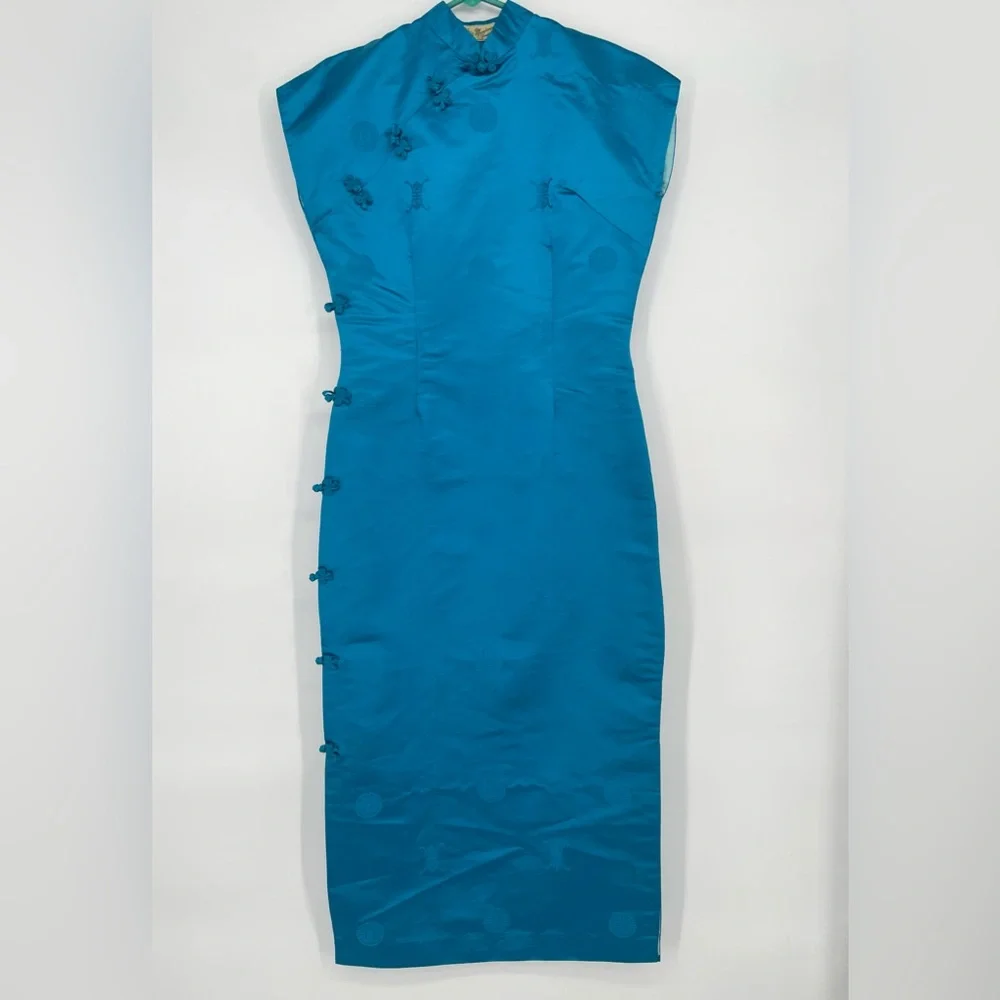 VTG 1960s Mandarin Fashions Aqua Blue Maxi Length Mid Century Cheongsam Dress - Picture 2 of 14